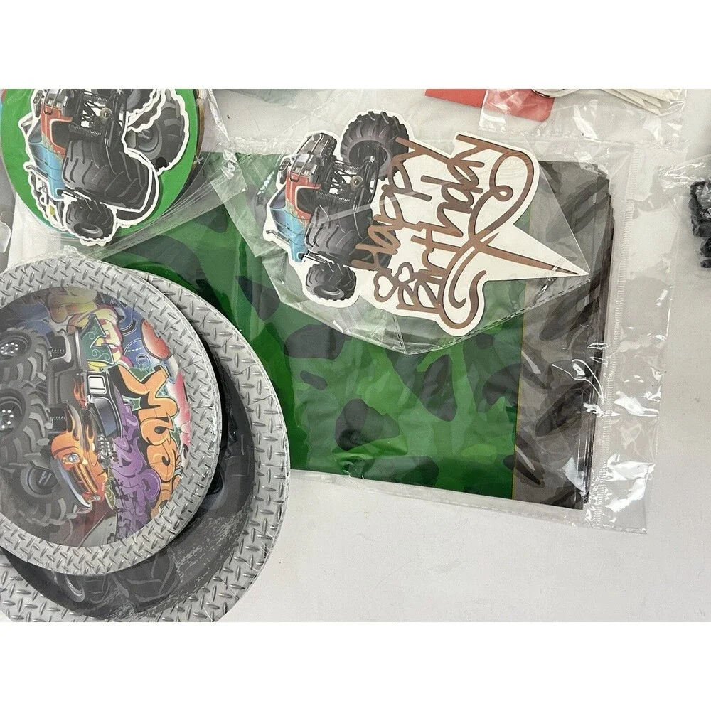 Monster Truck Birthday Party Supplies Lot Plates Napkins Banner Straws Decor